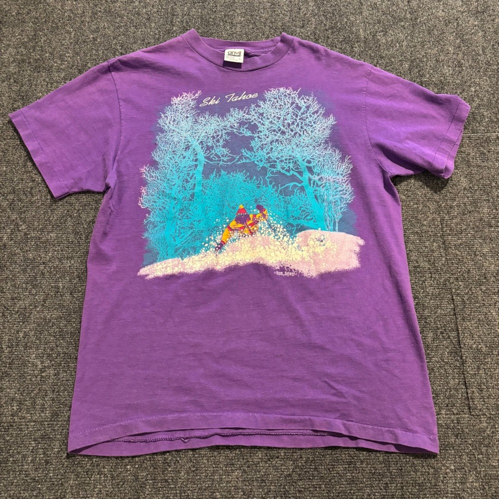 Vintage 1991 Ski Tahoe San Segal T Shirt Purple Mens Large Single Stitch USA